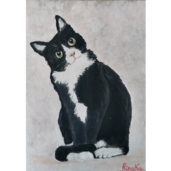 Black And White Cat Pet Portrait Original Art Hand Painted Small Format Art Work By RinaArtSK