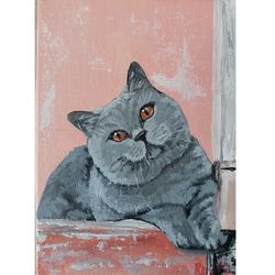 Gray Cat Pet Portrait Original Art Hand Painted Unique Wall Decor Art Work By RinaArtSK