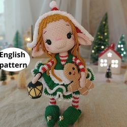 Christmas Crochet Amigurumi pattern Christmas Elf Girl Doll PDF English pattern Christmas elf Christmas decor toy Croche