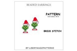 Grinch beaded earrings, Brick stitch pattern for miyuki delicas 11/0, Seed beads, New Year Christmas earrings pattern