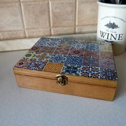 Wooden Tea Box and Optional Tray. Spanish Tiles Tea storage Box. Tea Bags Box. Jewelry Box. Wedding Christmas Gift.