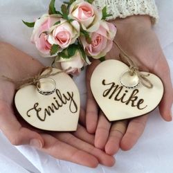 Wooden Personalized Hearts for Rings in Boxes. Wedding Ring Pillow Alternative. Custom Engraved.