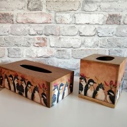 Wooden Rustic Tissue Box Cover. Birds Decorated Napkins Box Holder.