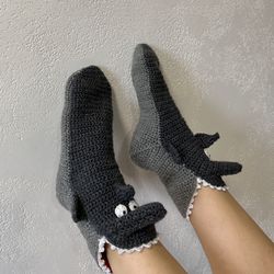 Knitted Shark Home Socks, Shark Sock, Knitted Shark Home Slippers, Shark Week, Foot Eating Shark, Gift