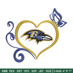 Heart Baltimore Ravens embroidery design, Baltimore Ravens embroidery, NFL embroidery, logo sport embroidery.