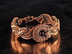 Copper wire wrapped garnet bracelet Unique woven copper wire flower bangle 7th Wedding Anniversary Gift Idea for wife