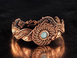 Copper wire wrapped mint chalcedony bracelet Unique woven copper wire flower bangle 7th 22nd Wedding Anniversary Gift