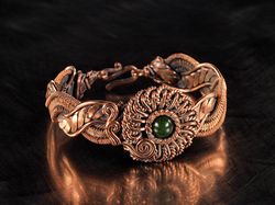 Copper wire wrapped green agate bracelet Unique woven copper wire flower bangle for her Artisan jewelry by Wire Wrap Art