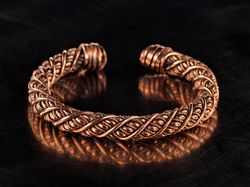 Unique adjustable bangle Pure copper wire wrapped bracelet for him or her Viking style 7th Anniversary gift WireWrapArt