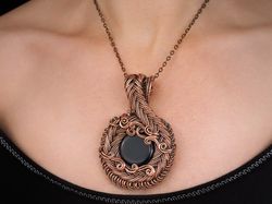 Large pendant this natural black onyx Unique copper wire wrapped gemstone necklace Handmade Wearable art copper jewelry