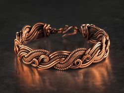 Copper wire wrapped swirls bracelet for woman,7th Anniversary gift for wife, Wire woven heady graceful bracelet