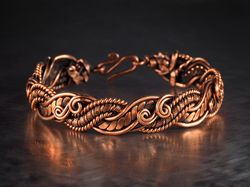 wire wrapped swirls bracelet for her woman, braided pure copper wire bangle, wirewrapart, 7th anniversary gift for wife