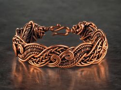 wire wrapped swirls bracelet for her woman, braided pure copper wire bangle, 7 anniversary gift for wife, wire wrap art