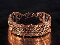 Unique copper wire wrapped bracelet, 7th Wedding Anniversary gift for man or woman, Woven stranded wire weave jewelry