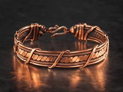 Unique copper wire wrapped bracelet, Woven stranded wire weave jewelry, 7th 22nd Wedding Anniversary gift for husband