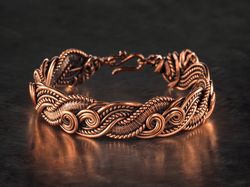wire wrapped swirls bracelet for her woman, braided pure copper wire bangle, wearable art, 7 anniversary gift for wife