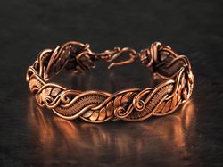 wire wrapped swirls bracelet for woman, braided pure copper wire texture bangle, unique7th anniversary gift for wife