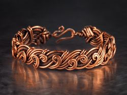 wire wrapped swirls bracelet for her woman, braided pure copper wire bangle, 7th anniversary gift for wife, wearable art