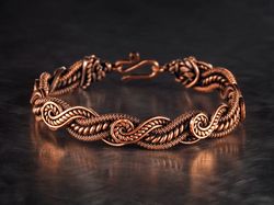 wire wrapped swirls bracelet for her woman, braided pure copper wire bangle, wearable art, 7th anniversary gift for wife