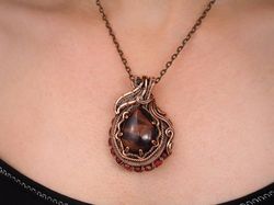 copper wire wrapped pendant with natural bulls eye and garnets necklace for woman, unique woven wire gemstones necklace