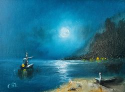 Southern Night oil painting on cardboard with boat