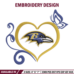 Baltimore Ravens Heart embroidery design, Baltimore Ravens embroidery, NFL embroidery, logo sport embroidery.