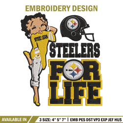 Betty Boop Pittsburgh Steelers For Life embroidery design, Steelers embroidery, NFL embroidery, logo sport embroidery.