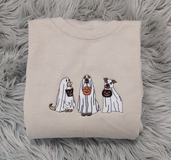 Embroidered Ghost Dogs Trick or Treat Halloween Sweatshirt, Halloween Ghost Dogs Unisex Sweatshirt o