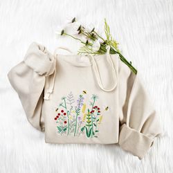 Wildflower With Honey Bee Embroidered Sweatshirt,  Flower With Bee Embroidered Hoodie,  Honey Bee T-shirt