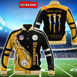 Pittsburgh Steelers Monster Energy Baseball Button Jacket 3D, Custom Name NFL Baseball Button Jacket 3D