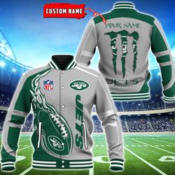 New York Jets Monster Energy Baseball Button Jacket 3D, Custom Name NFL Baseball Button Jacket 3D