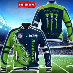 Seattle Seahawks Monster Energy Baseball Button Jacket 3D, Custom Name NFL Baseball Button Jacket 3D