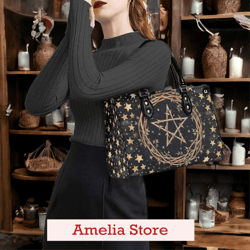 Whimsy Star Night Pentagram Witchy Top Handles Vegan Leather Handbag Purse, Forest Wreath Cottagecore