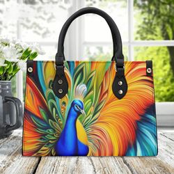 Luxury Women Pu Leather Handbag Unique Beautiful Peacock Colorful Design Abstract Art Colors Purse Tote Spring Colors  M