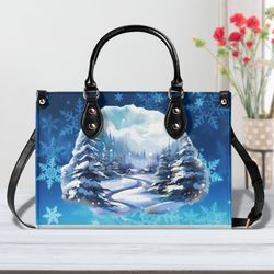 Winter Scene Handbag, Snow Print Purse, Winter Handbag, Snowflake Purse, Small Winter Purse, Large Winter Purse, Pu Leat