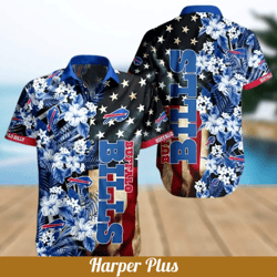 Buffalo Bills Hawaiian Shirt Hibiscus Flower And America Flag, NFL Hawaiian Shirt