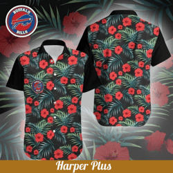 Buffalo Bills Hawaiian Shirt Hibiscus Flowers Pattern On Dark Theme, NFL Hawaiian Shirt