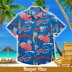 buffalo bills hawaiian shirt scallops coral fish pattern, nfl hawaiian shirt