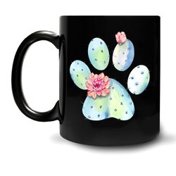 Dog Paw Cactus 11Oz Black Ceramic Coffee Tea Mug, Gifts For Men, Women, Dog Lovers, Gardening Lovers, On Birthday, Holid