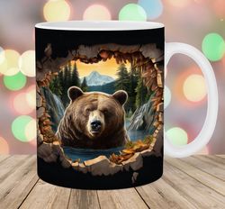 3d bear hole in a wall mug wrap, 11oz & 15oz mug template, mug sublimation design, mug wrap template, instant digital do