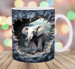 3D Hole In A Wall Elephant Mug Wrap  11oz And 15oz Mug Template  Mug Sublimation Design  Mug Wrap Template