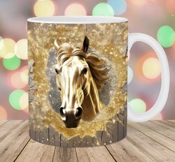 3D Horse Hole In A Wall Mug Wrap  11oz & 15oz Mug Template  Sublimation Design  Gold Glitter Mug Wrap Template