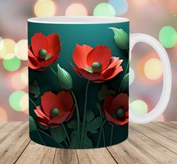 3d red poppies mug wrap  11oz & 15oz mug template  mug sublimation design  flowers mug wrap template