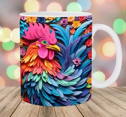 3d rooster mug wrap  11oz & 15oz mug template  colorful mug sublimation design  flower mug wrap template