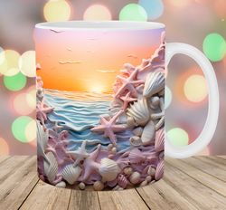 3d seashells beach mug wrap  11oz & 15oz mug template  mug sublimation design  ocean mug wrap template