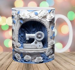 3D Sewing Machine Mug Wrap  11oz And 15oz Mug Template  Mug Sublimation Design  White Roses Mug Wrap Template
