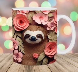 3d sloth flowers mug wrap  11oz and 15oz mug template  mug sublimation design  mug wrap template