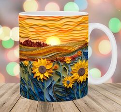 3d sunflowers mug wrap  11oz & 15oz mug template  mug sublimation design  sunrise landscape mug wrap template