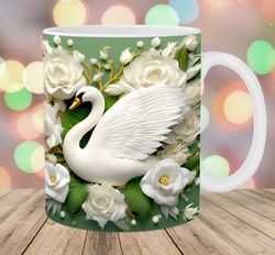 3d white swan mug wrap  11oz & 15oz mug template  flowers mug sublimation design  mug wrap template