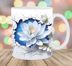 3D White Water Lily Mug Wrap  11oz And 15oz Mug Template  Mug Sublimation Design  Hole In A Wall Mug Template